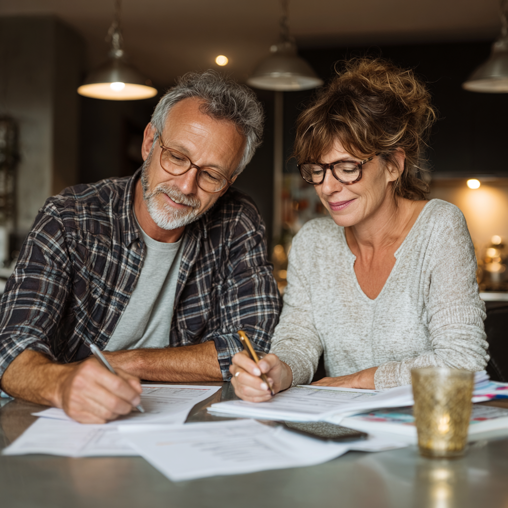 Middle-aged adults reviewing meal planning documents together at a kitchen table