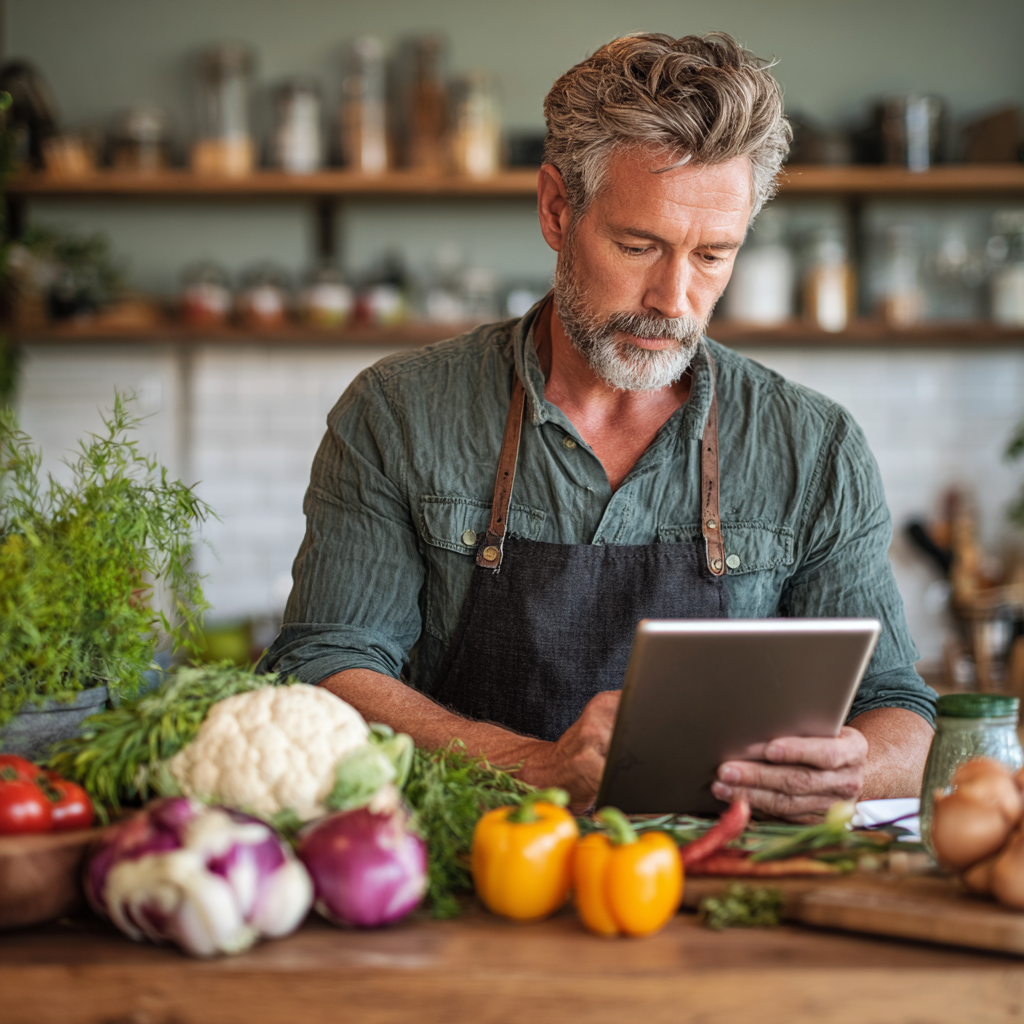 Middle-aged person reviewing weekly meal plans and shopping list on a tablet