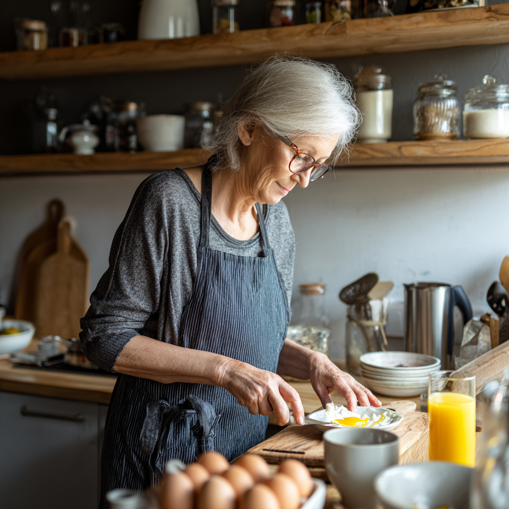 Older adult preparing a simple breakfast in a calm kitchen setting